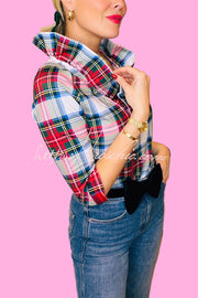 Holiday Plaid Ruffle Stand Neck Blouse – Loose Fit