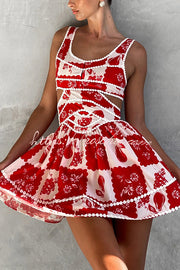 Holiday Print Ric Rac Trim Cutout Mini Dress