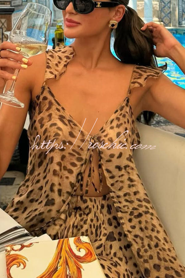 Leopard Print Tie-Up Top & Shorts Set – Vacation Two-Piece
