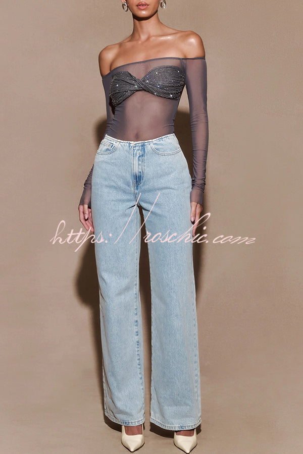 Sequin Mesh Bardot Off-Shoulder Long Sleeve Top