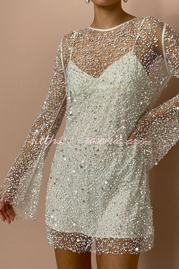 Sequin & Pearl Embellished Long Sleeve Mini Dress