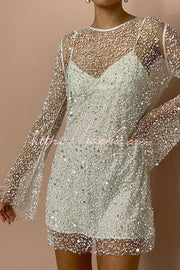 Sequin & Pearl Embellished Long Sleeve Mini Dress