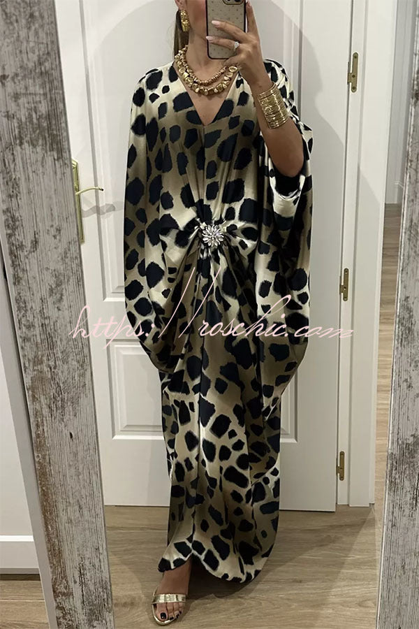 Satin Gemstone Embellished Maxi Dress with V-Neck Print