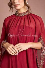 Chiffon Sequin Trim High Neck Batwing Maxi Dress