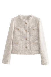 Women's Tweed Pocket Jacket with Metal Buttons – Loose Fit