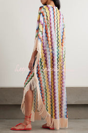 Robe longue caftan colorée à franges en zigzag – Taille unique