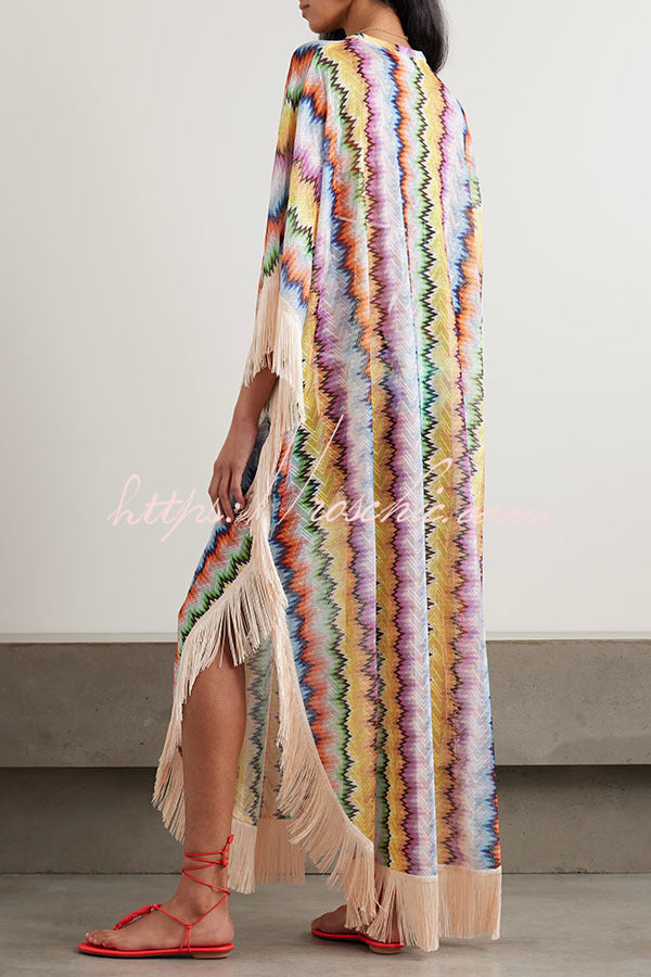Colorful Zigzag Tassel Trim Kaftan Maxi Dress – One Size