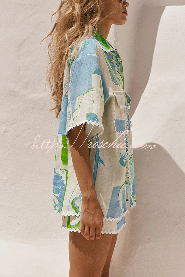 Linen Blend Ric Rac Trim Printed Shirt & Wrap Mini Skirt Set