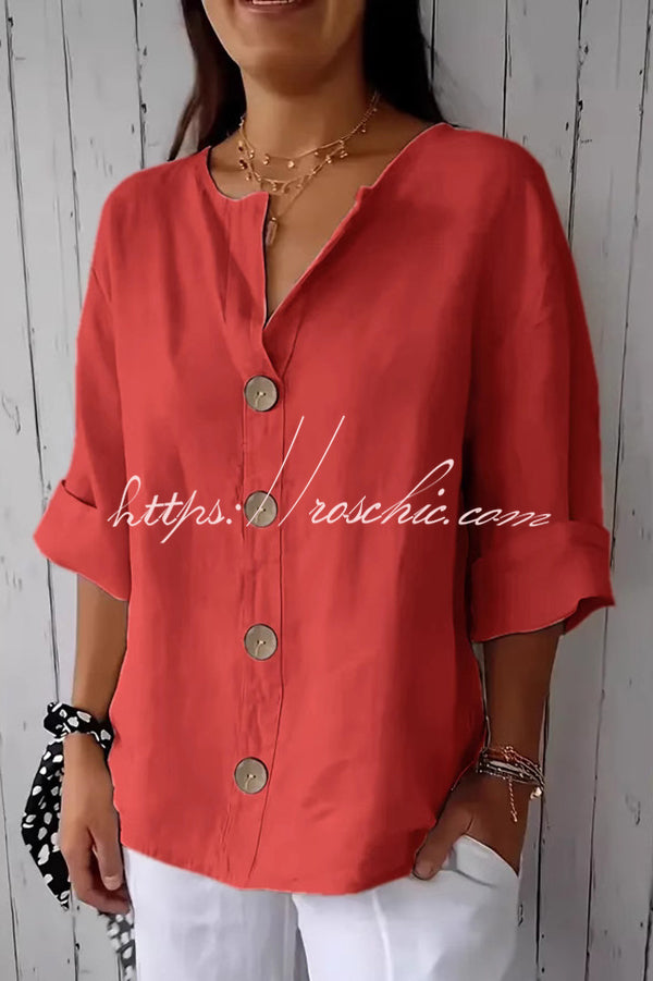 Women's V-Neck Loose Button Top – 3/4 Sleeve Casual Blouse