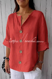 Women's V-Neck Loose Button Top – 3/4 Sleeve Casual Blouse