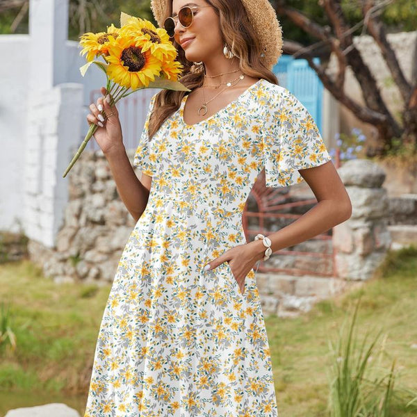 Women's Floral Swing Mini Dress with Pockets & Ruffle Sleeves
