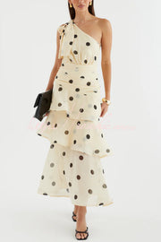 Polka Dot One-Shoulder Sleeveless Layered Mesh Maxi Dress