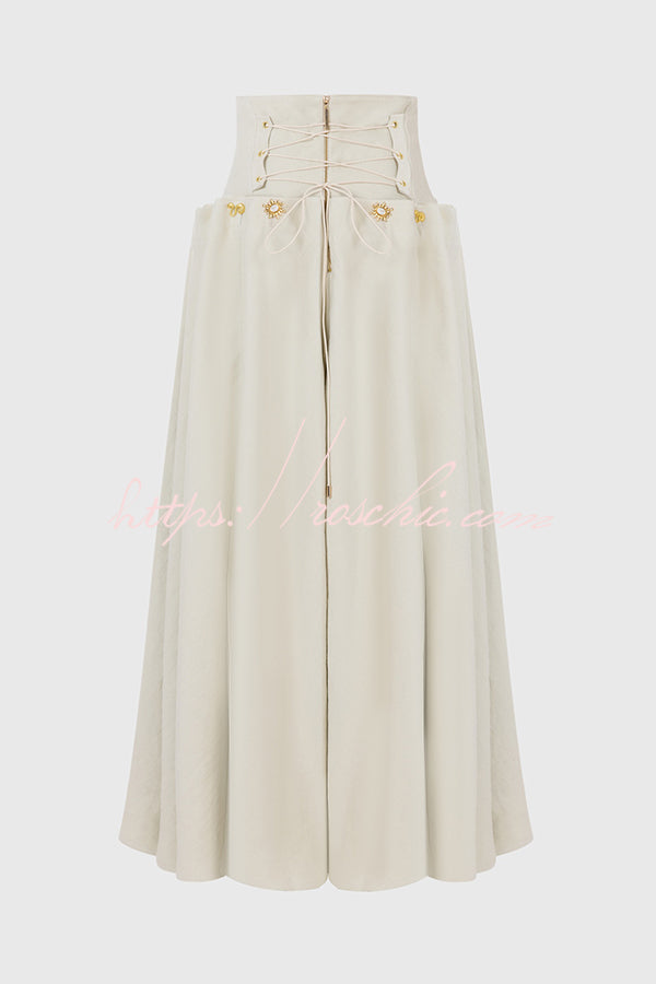 Linen Blend Maxi Skirt with Metal Button & Lace-Up Waist