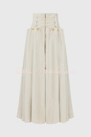 Linen Blend Maxi Skirt with Metal Button & Lace-Up Waist
