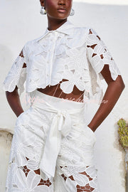 Floral Lace Cropped Shirt & Wide Leg Pants Set with Belt