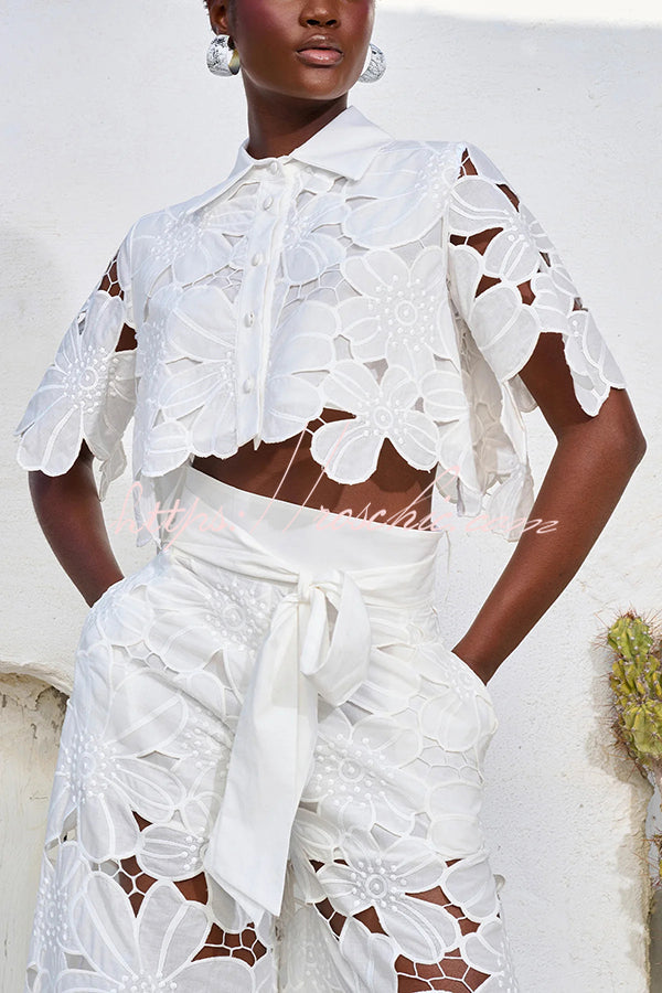 Floral Lace Cropped Shirt & Wide Leg Pants Set with Belt