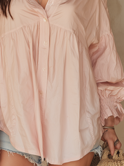 Blush Gathered Button-Up Long Sleeve Blouse