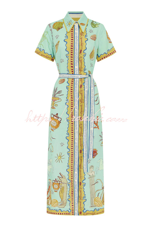 Linen Blend Maxi Dress | Unique Print Tie-Up Shirt Dress