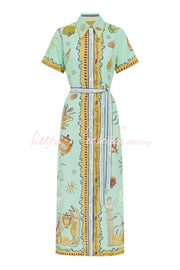 Linen Blend Maxi Dress | Unique Print Tie-Up Shirt Dress