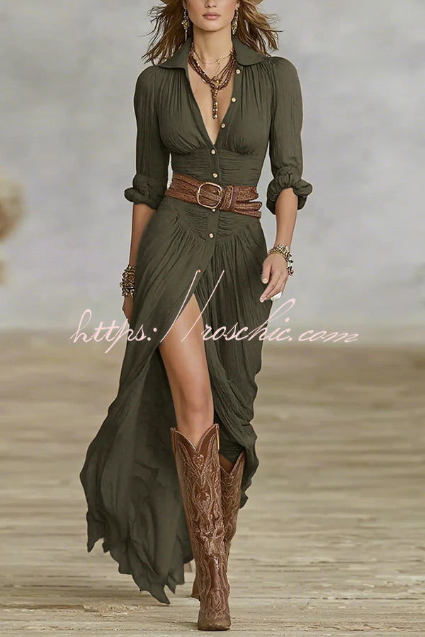 Robe longue à revers | Robe de vacances style chemise à manches longues