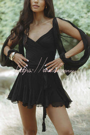 Chiffon Balloon Sleeve Mini Dress with V Neck & Back Lace-Up