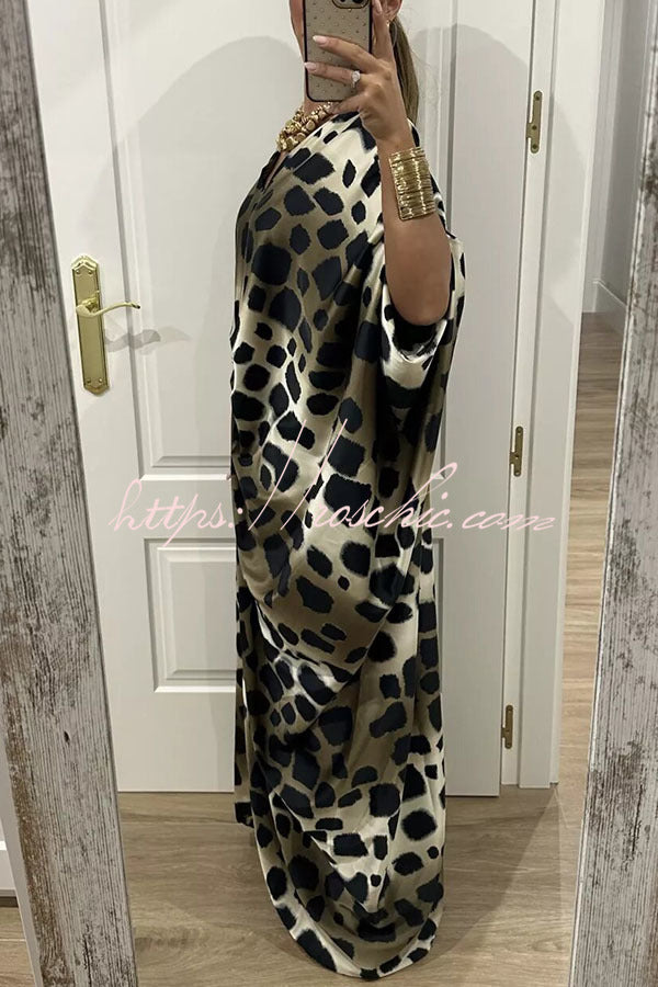 Satin Gemstone Embellished Maxi Dress with V-Neck Print