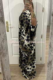 Satin Gemstone Embellished Maxi Dress with V-Neck Print