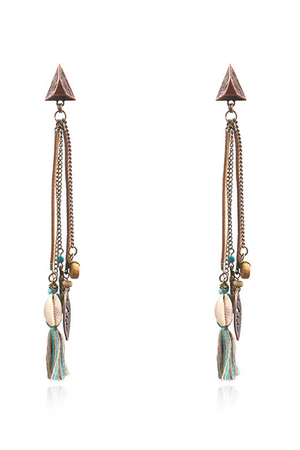 Retro Tassel Shell Leaf Drop Earrings with Long Fringe
