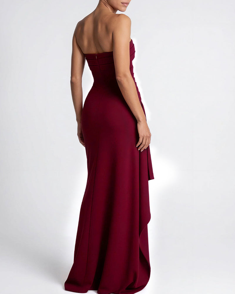 Strapless Ruched High-Slit Gown Dress