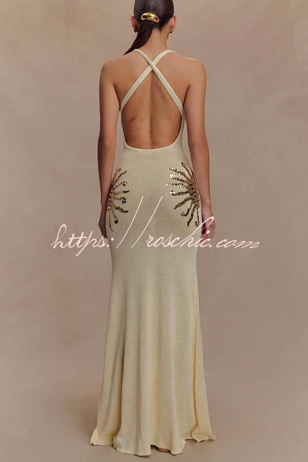 Sequin Knit Maxi Dress with Open Cross-Strap Back