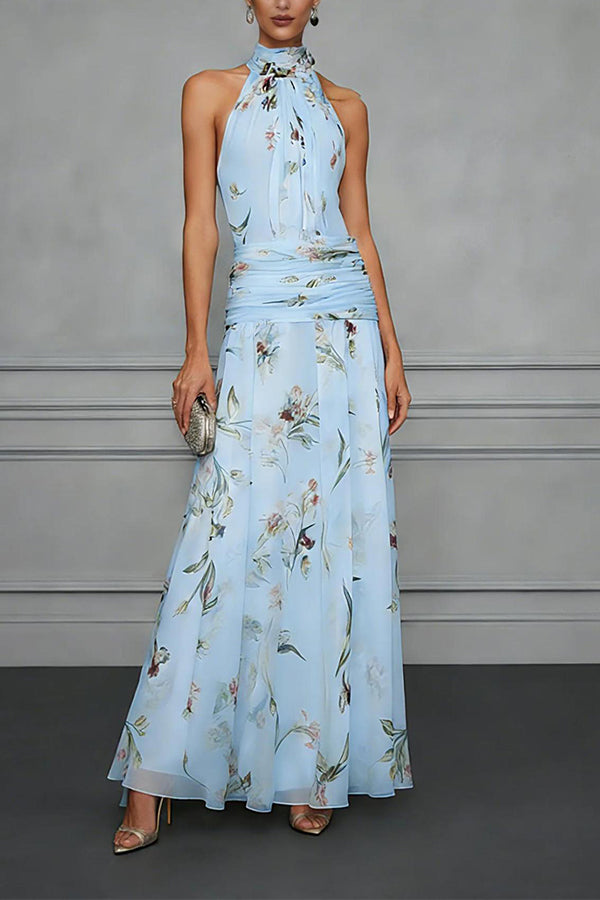 Floral Halter Midi Dress – Ruched Loose Fit Vacation Dress