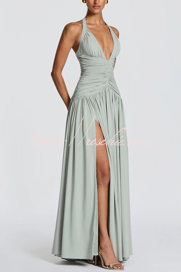 Chiffon Halter Maxi Dress with Lace-Up Back and Side Slit