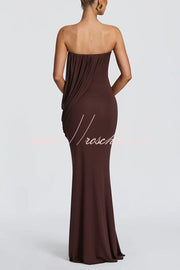 Modal Knit Strapless Maxi Dress with Asymmetric Draped Mesh