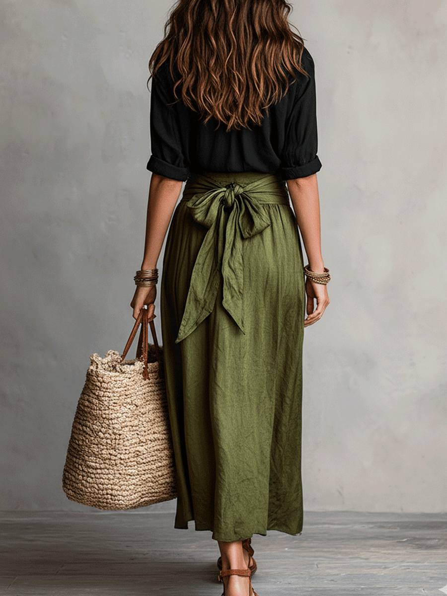Black Blouse & Olive Satin Midi Skirt Set | Boho Style
