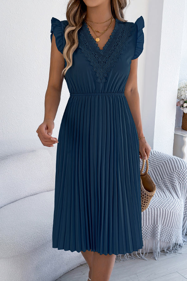 Robe midi plissée sans manches à col en V et bordure en dentelle