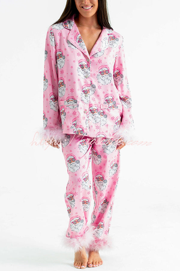 Christmas Printed Feather Trim Pajama Set with Pockets