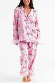 Christmas Printed Feather Trim Pajama Set with Pockets