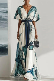 Printed V-Neck Maxi Dress with Tie Waist | Vacation Style