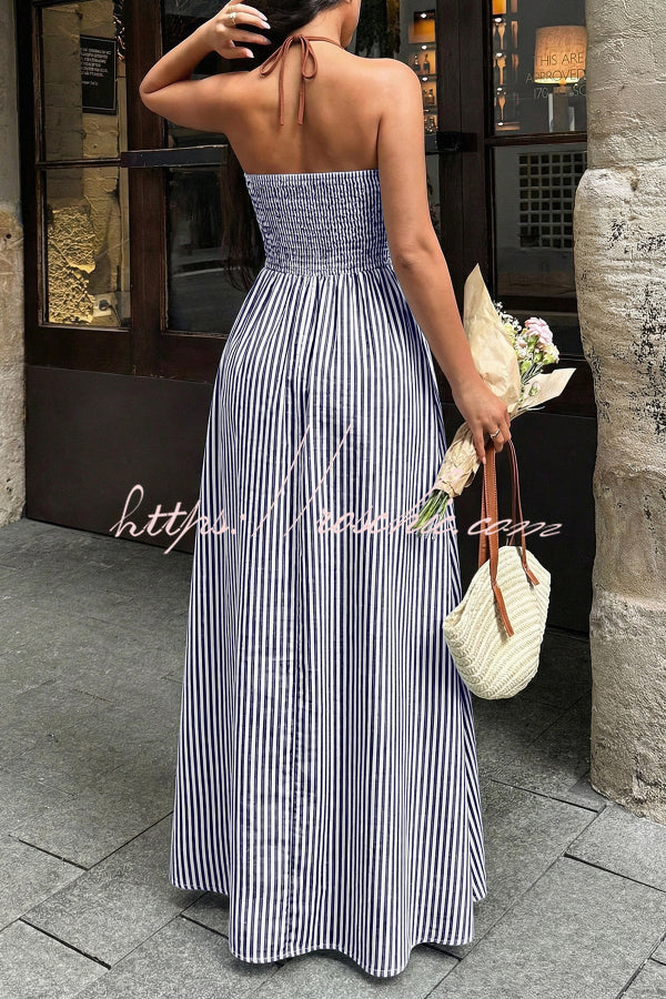 Striped V-Neck Sleeveless Backless Maxi Dress – Vacation