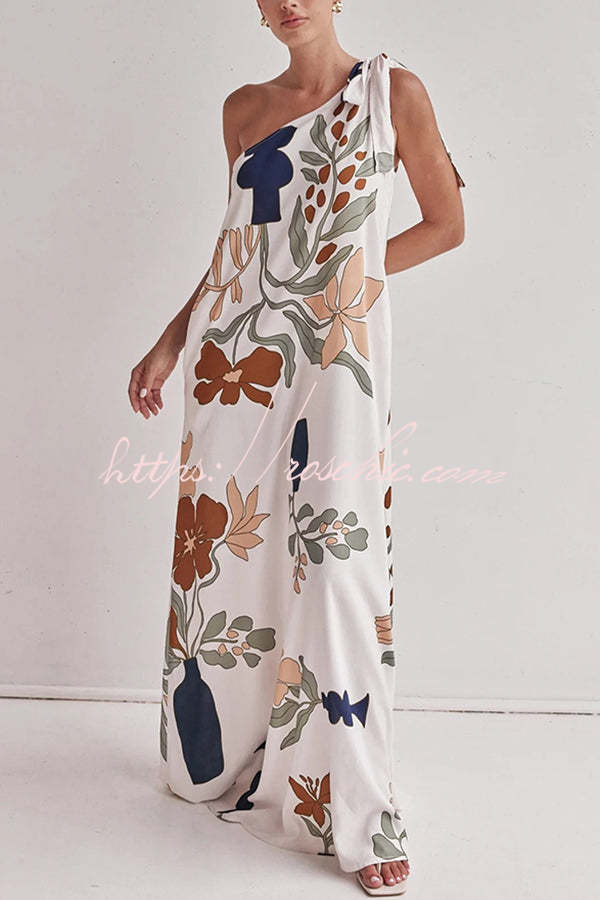 One Shoulder Printed Loose Maxi Dress with Pockets