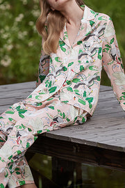 Swan Crane Printed Long Sleeve Two-Piece Set