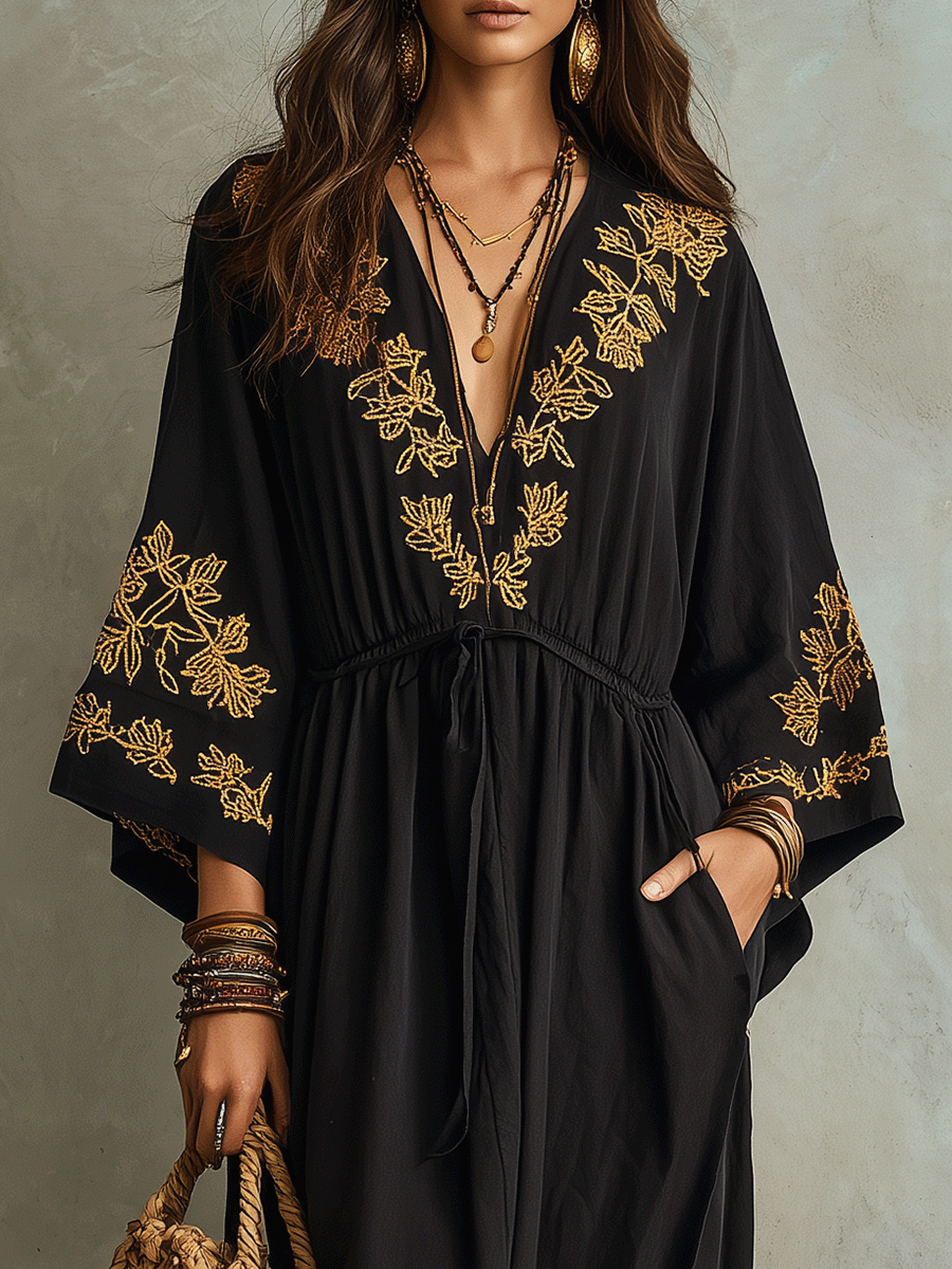 Bohemian Embroidered Black Maxi Dress with Waist Tie