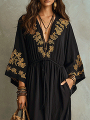 Bohemian Embroidered Black Maxi Dress with Waist Tie