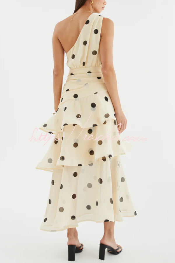 Polka Dot One-Shoulder Sleeveless Layered Mesh Maxi Dress