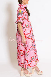 Warhorse Print Caftan Midi Dress with Ruffle Sleeves