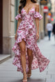 Robe longue à volants et col en V à imprimé botanique pour les vacances