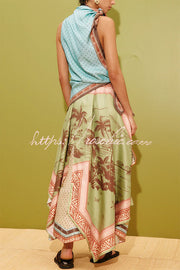 Satin Color-Block Print Tie Cowl Neck Midi Dress