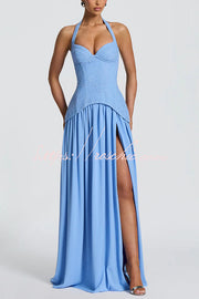 Crepe Lace Bodice Halter Chiffon Pleated Maxi Dress