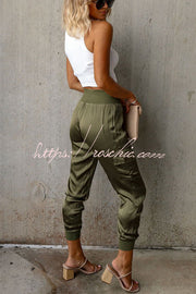Satin High Waist Joggers with Pockets – Ankle Length