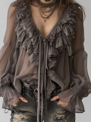 Grey Bohemian Ruffled Long Sleeve Blouse with Layered Detail
